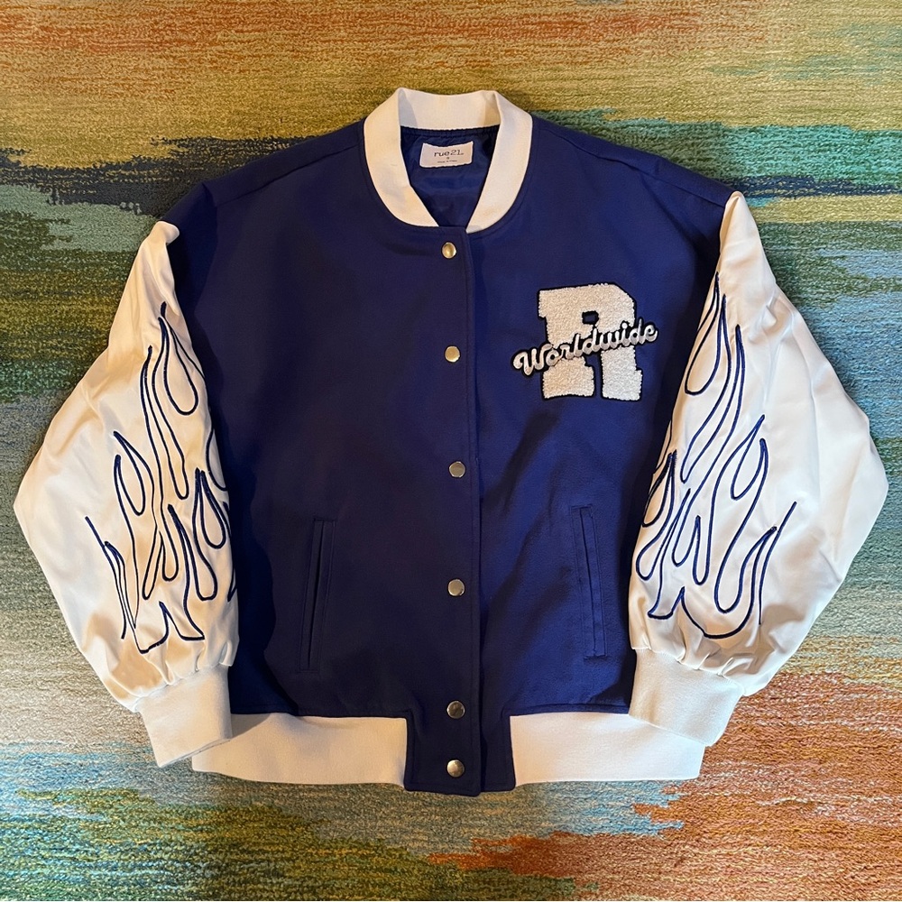 Rue 21 Navy and White Bomber/Varsity Jacket with Flames